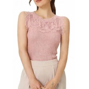 Aashvi Styles Ribbed Sleeveless Top with Lace Ruffle Collar (in, Alpha, Free Size, Regular, Pink)