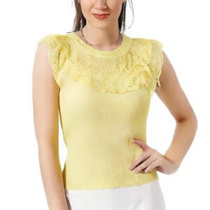 Aashvi Styles Ribbed Sleeveless Top with Lace Ruffle Collar (in, Alpha, Free Size, Regular, Yellow)