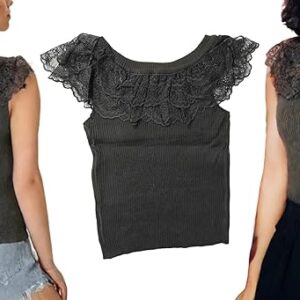 Aashvi Styles Ribbed Sleeveless Top with Lace Ruffle Collar (in, Alpha, Free Size, Regular, Black)