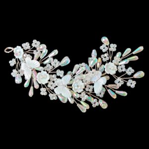 Aashvi Styles Bridal Hair Tiara with Crystal Beads and Pearl Butterflies, 18 cm Handmade Leaf Design